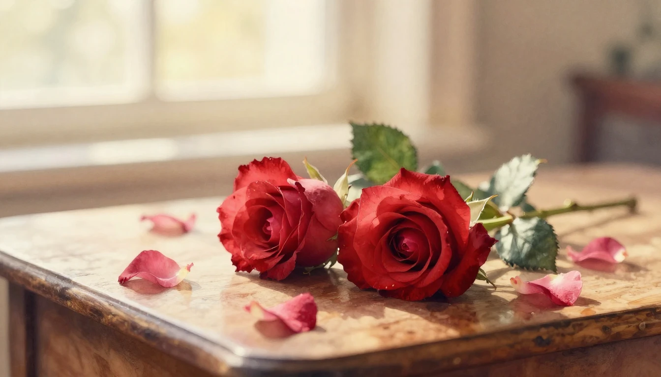 A delicate watercolor painting of two intertwined red roses ...