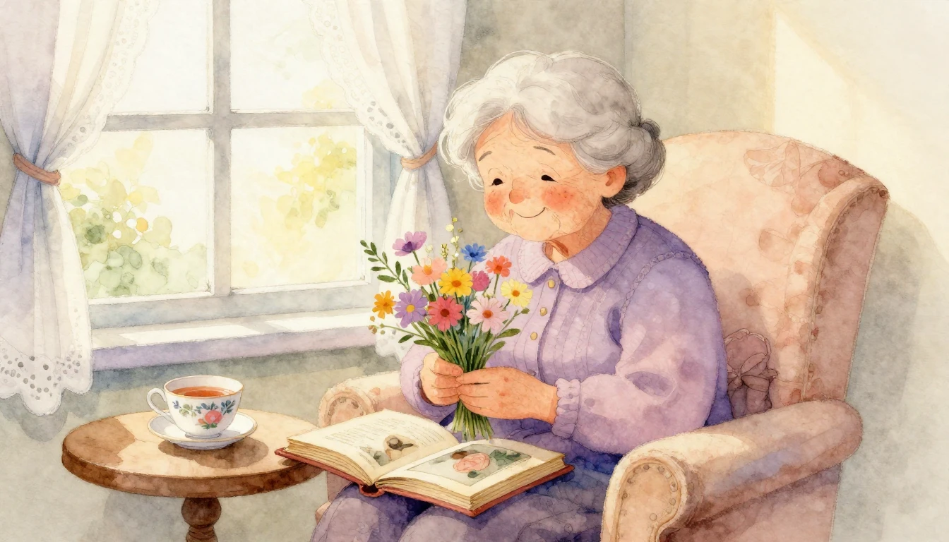 A heartwarming watercolor illustration of a kind elderly gra...