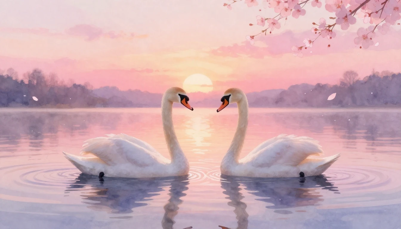 A soft and dreamy watercolor painting of two elegant swans g...