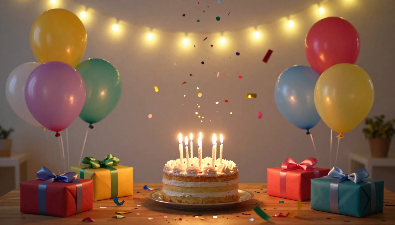 A festive birthday party scene with vibrant balloons, glowin...
