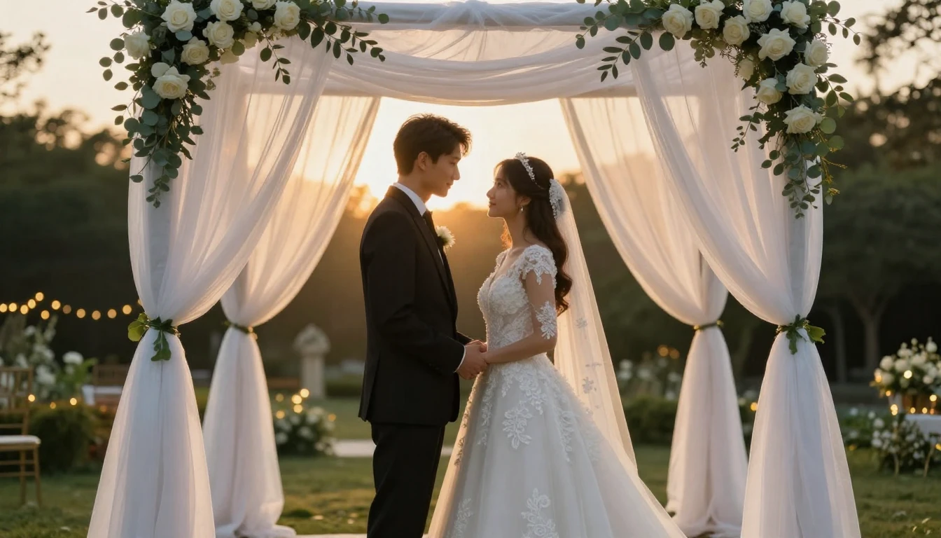 A cinematic, romantic wide shot of a bride and groom standin...