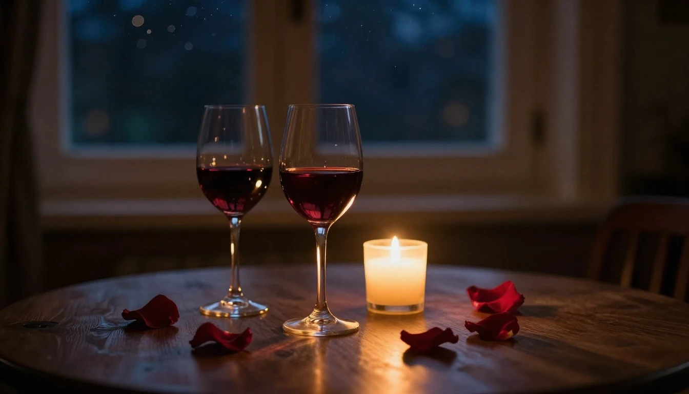 A cozy, dimly lit room during a quiet evening. On a wooden t...