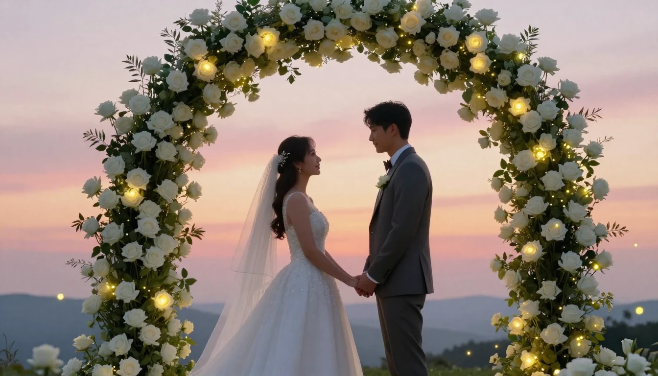 A romantic and magical scene of a bride and groom standing c...