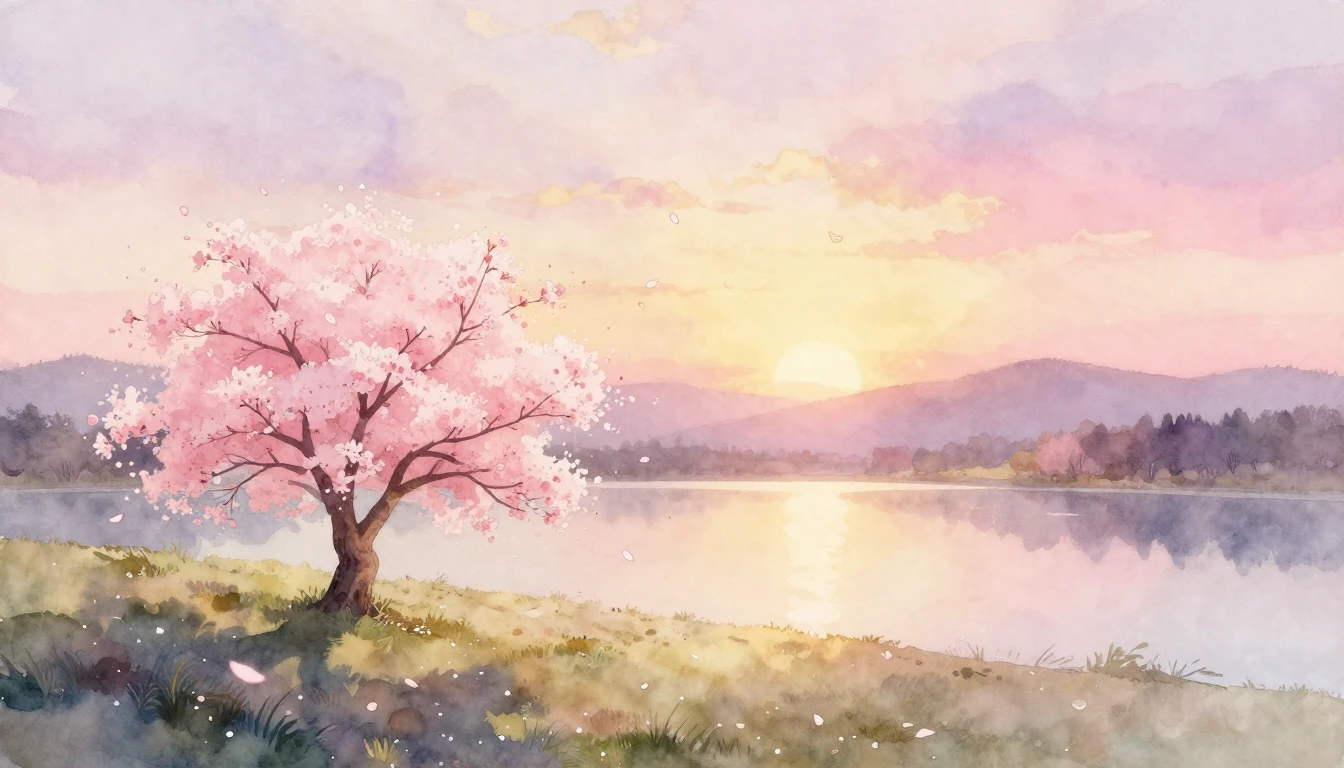 A soft watercolor painting of a vast, open landscape at sunr...