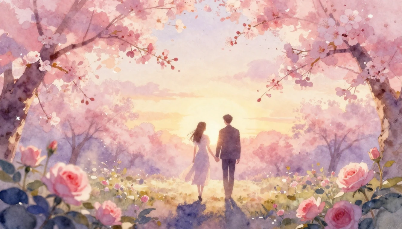 A delicate watercolor painting of two silhouettes walking ha...