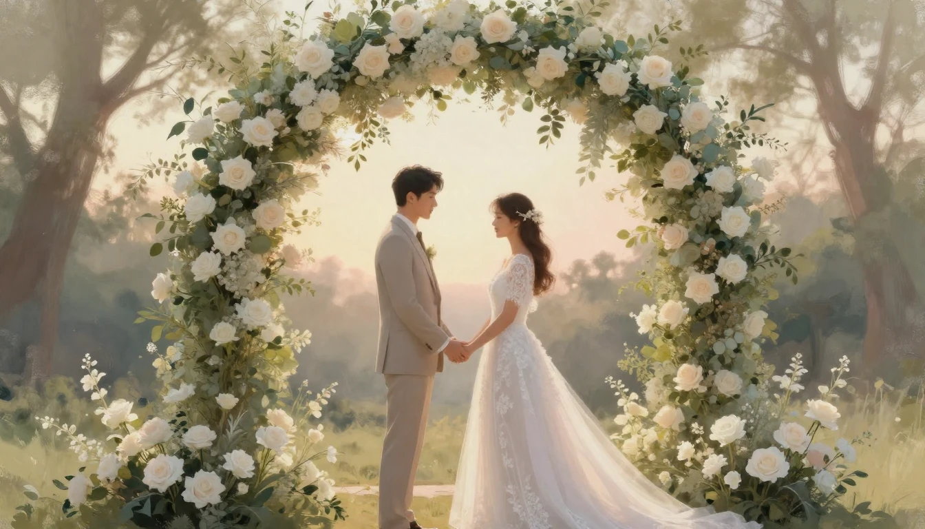 A soft and romantic scene of a bride and groom standing unde...
