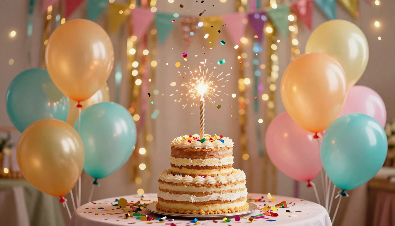 A vibrant and festive scene celebrating a birthday. A multi-...