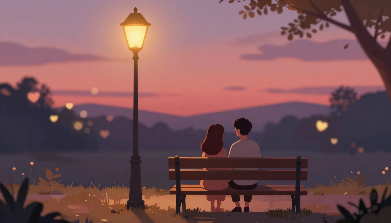 A romantic and soft illustration of a couple sitting on a wo...