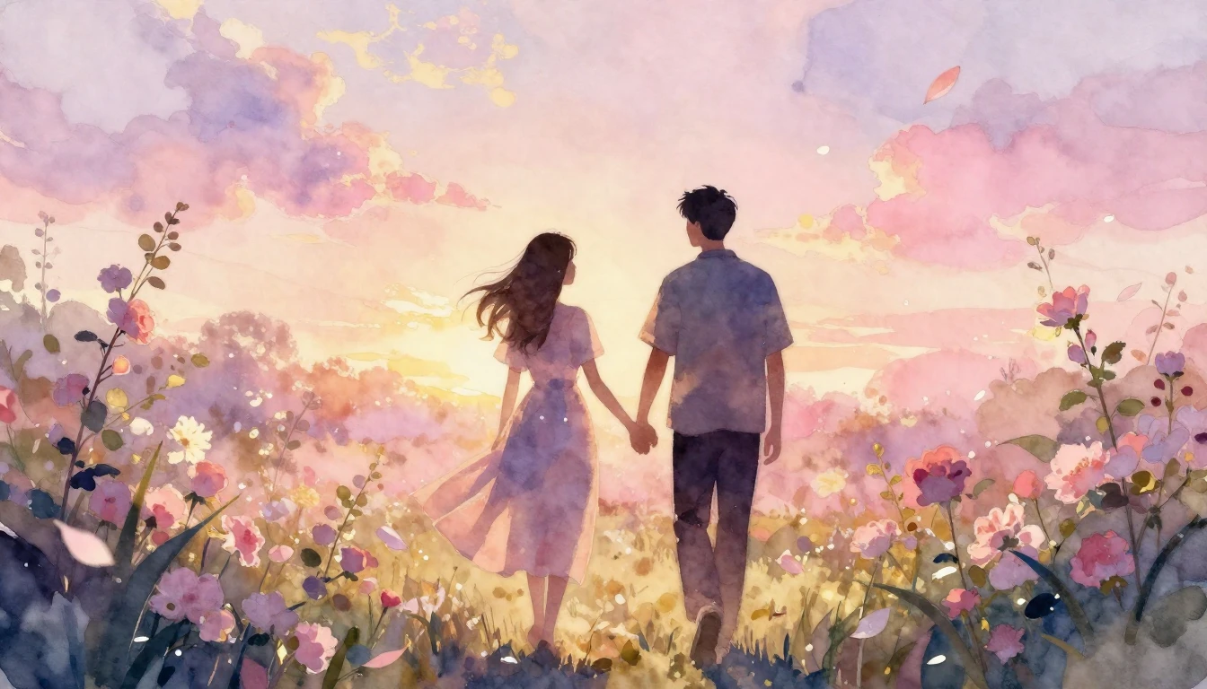 A beautiful watercolor painting of two silhouettes walking h...
