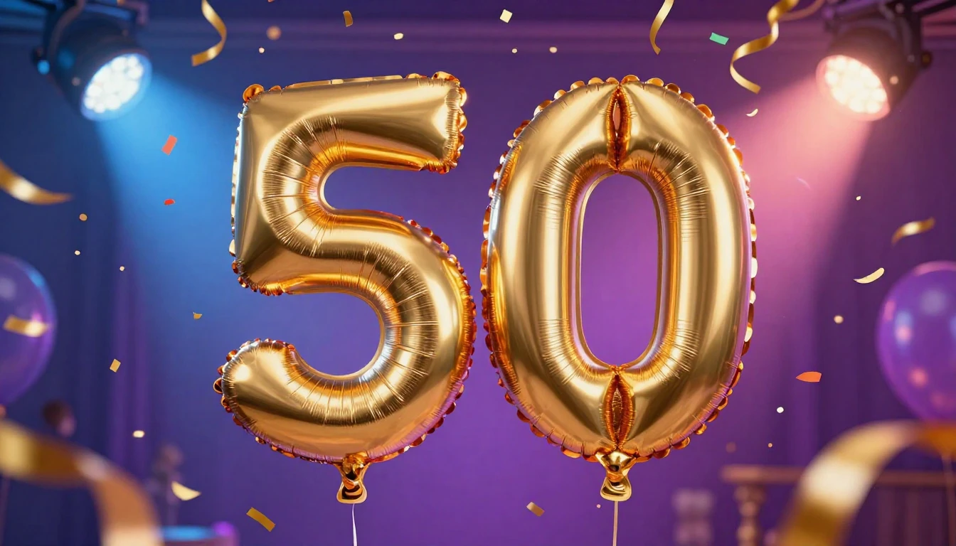 A festive and vibrant digital artwork celebrating a 50th bir...