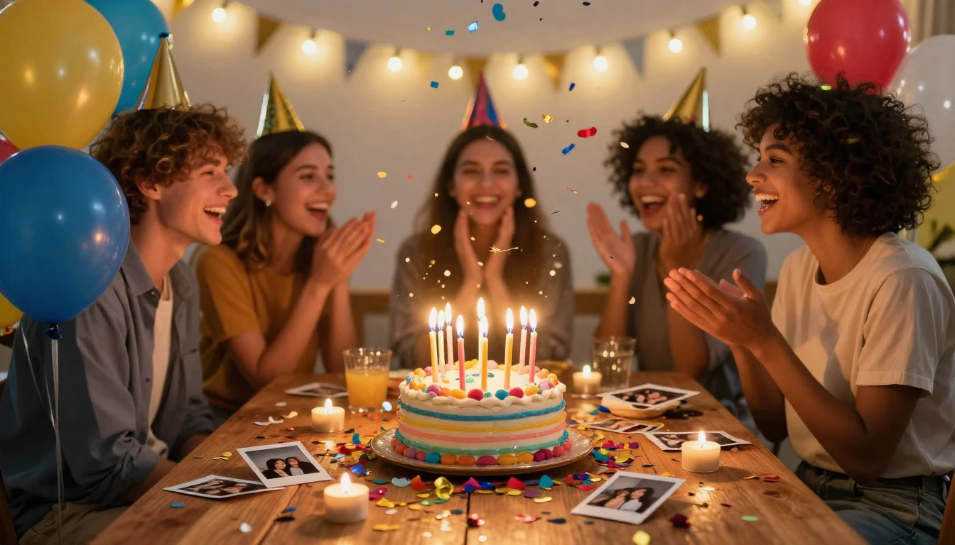 A joyful and vibrant scene showing a birthday party for a de...