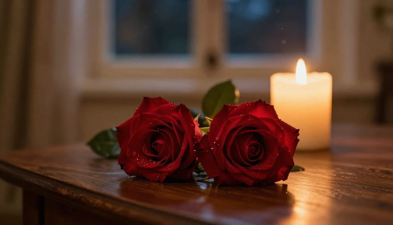 A breathtaking scene of two delicate red roses resting on a ...