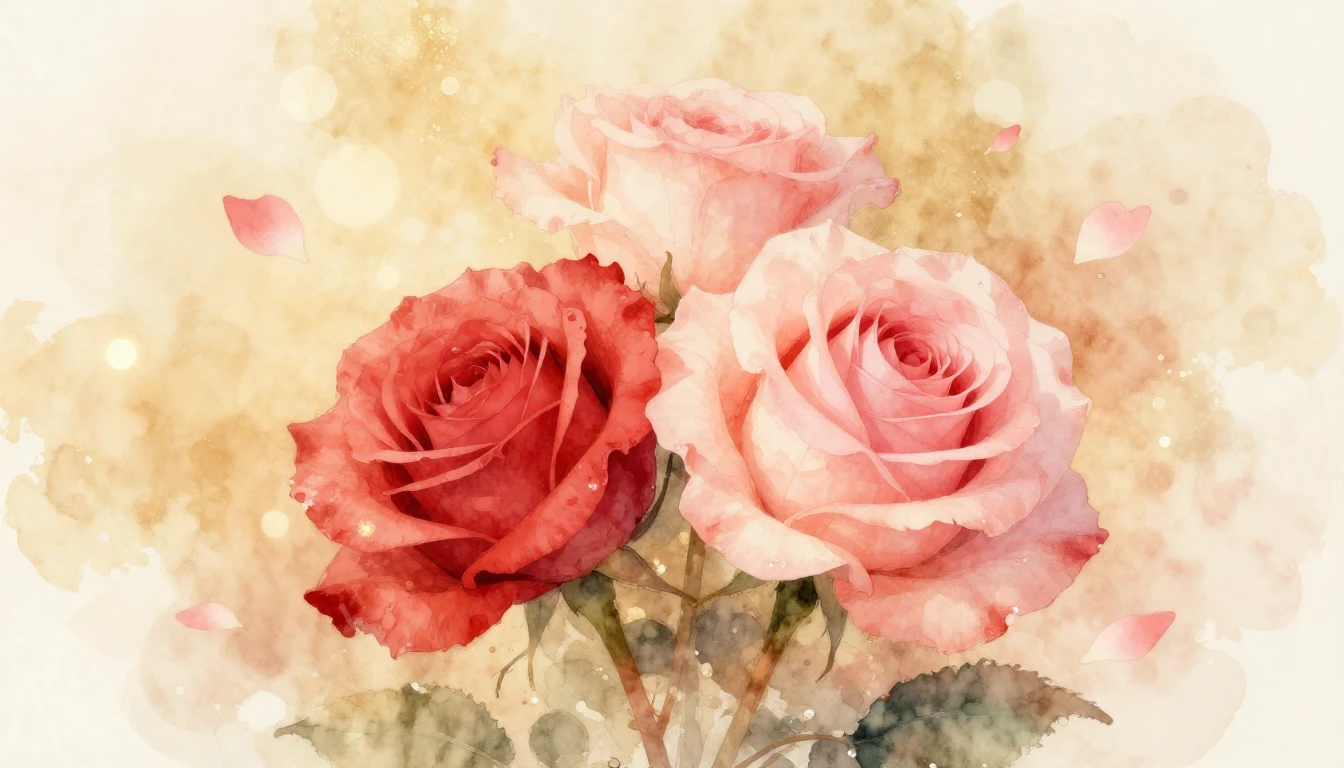 A delicate watercolor painting of two intertwined roses in s...