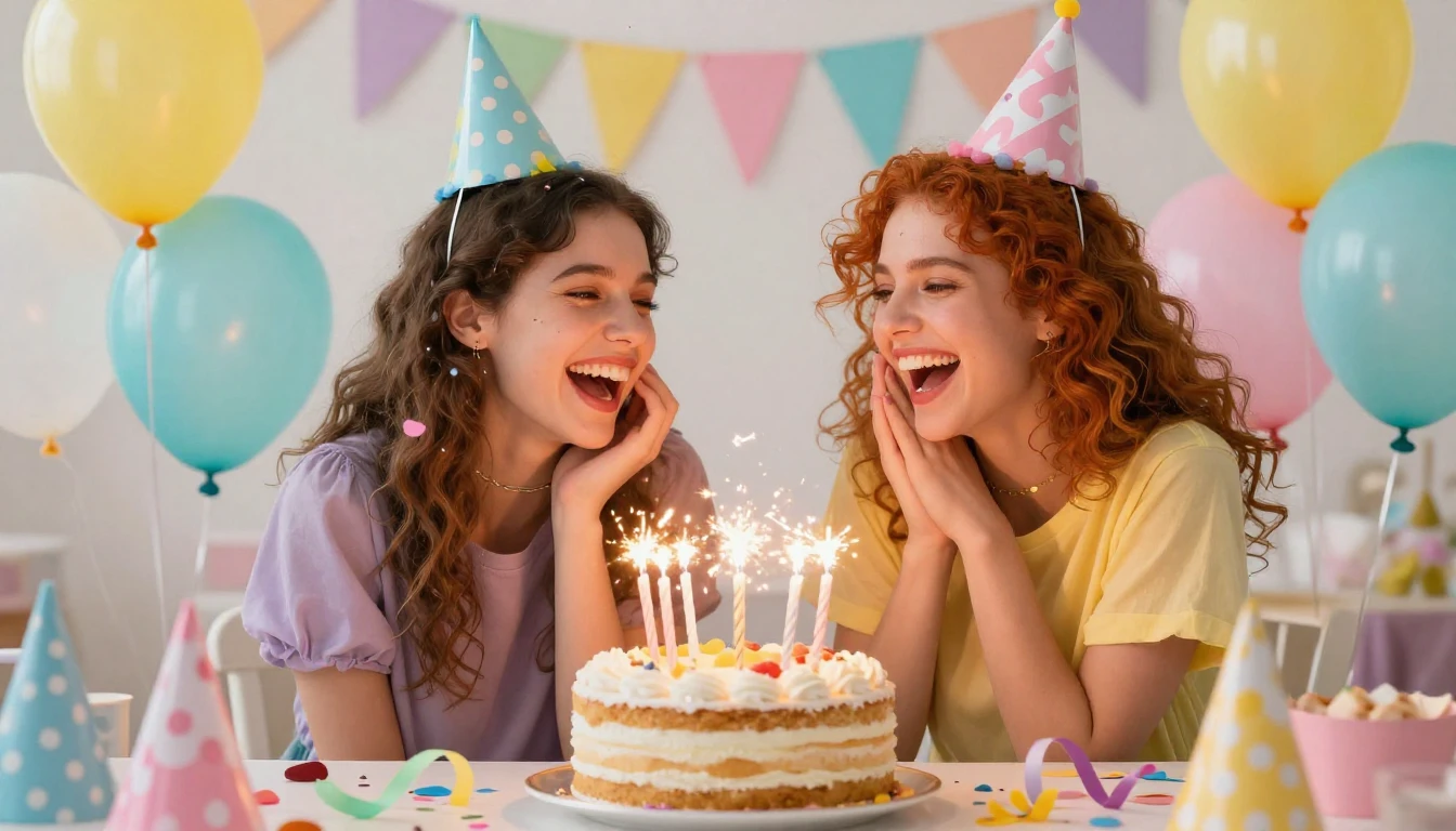 A vibrant and colorful birthday party scene focusing on two ...