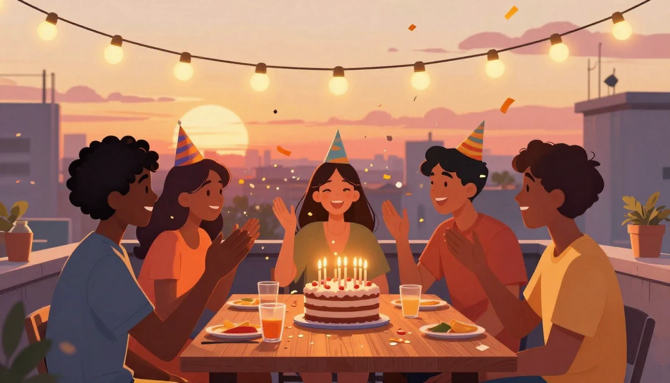 A warm and festive illustration of a group of diverse friend...