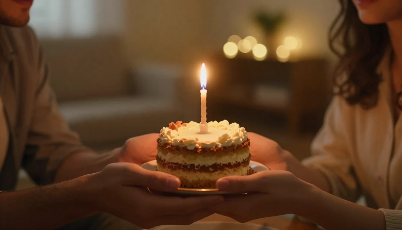 A cinematic close-up shot of a small, rustic birthday cake w...