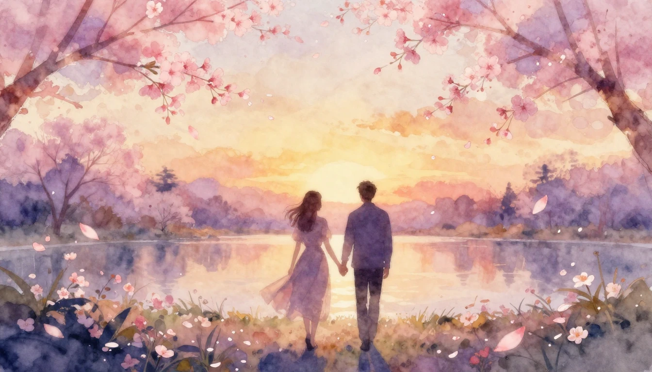 A soft watercolor painting of two silhouettes walking hand-i...