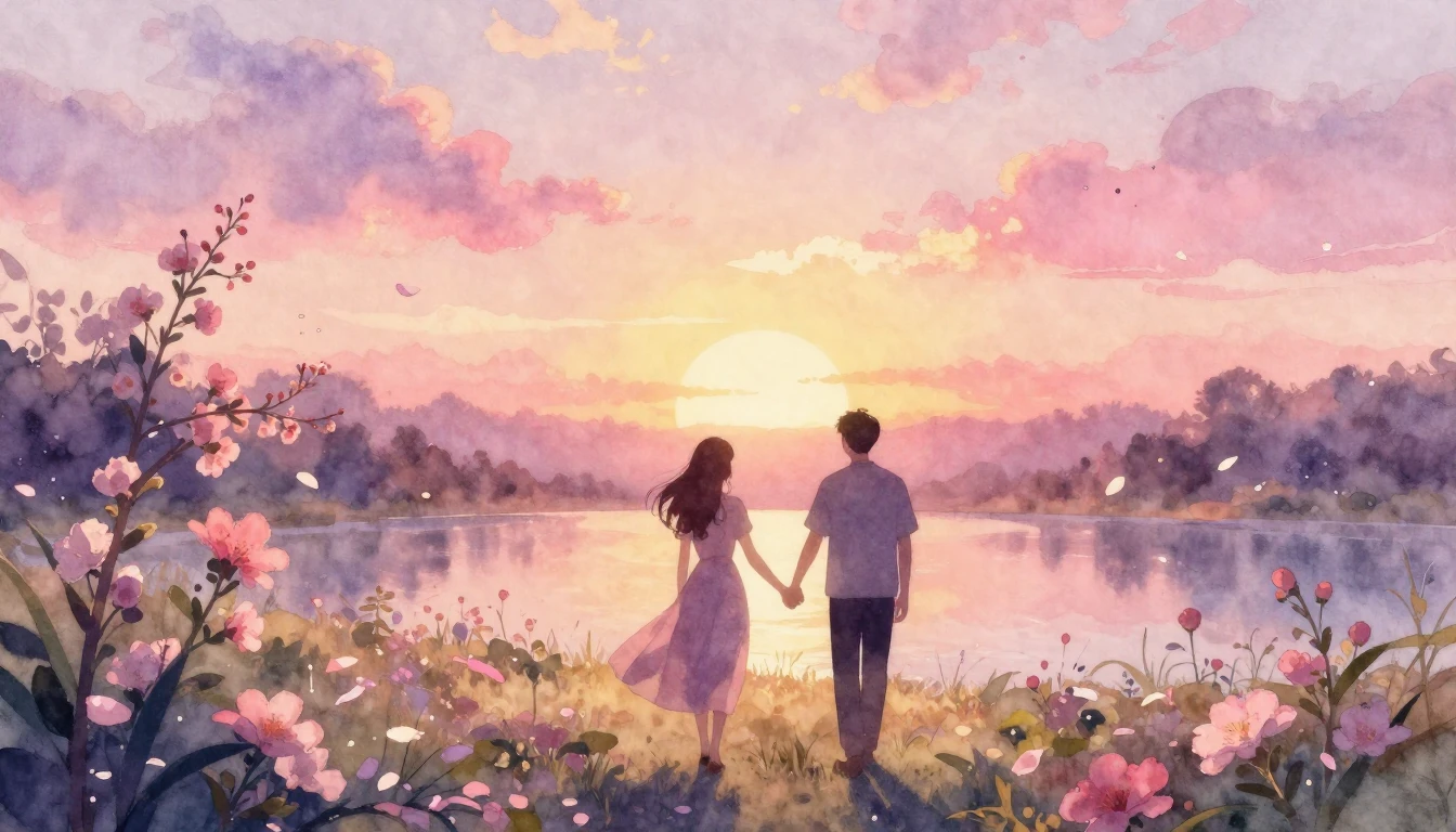 A soft watercolor painting of two silhouettes walking hand-i...