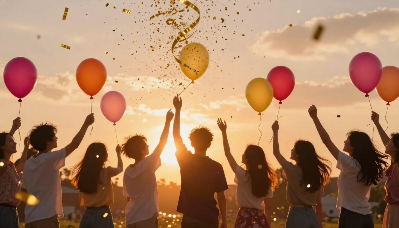 A festive and colorful scene depicting a group of stylized s...