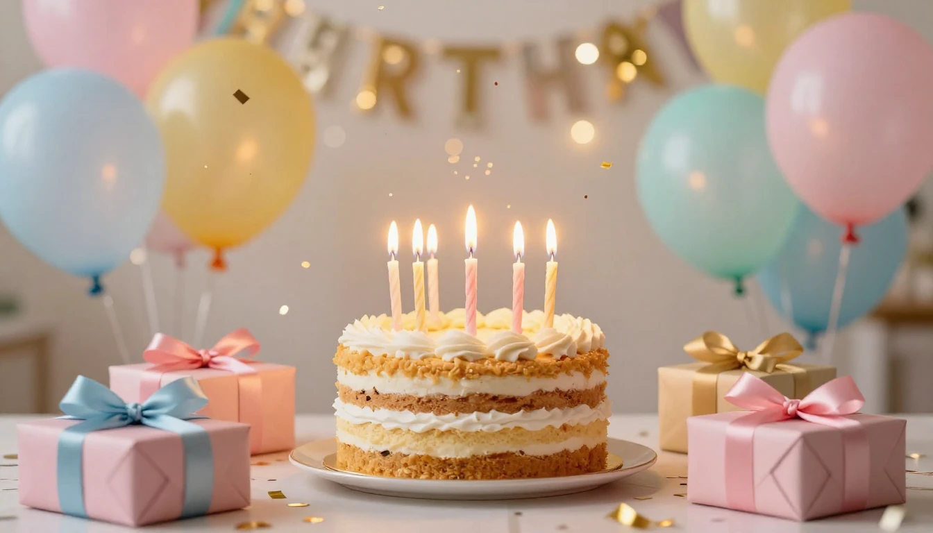 A bright and festive birthday celebration scene, centered on...