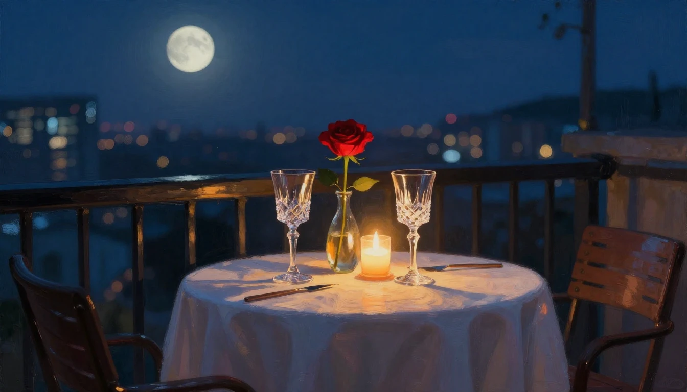 A lush, romantic scene of a small table set for two on a bal...