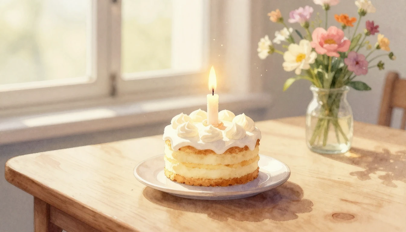 A soft watercolor painting of a single lit candle on a small...