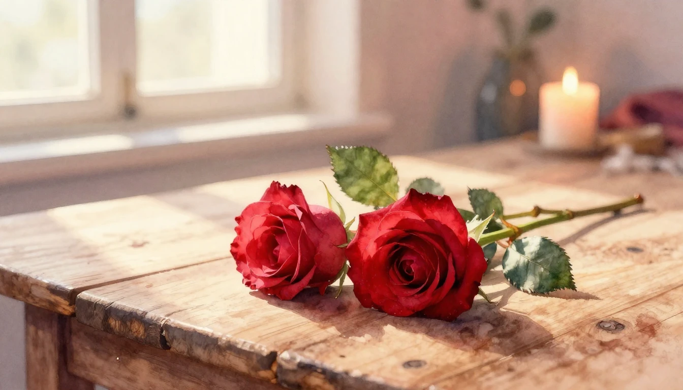 A beautiful watercolor painting of two delicate red roses in...