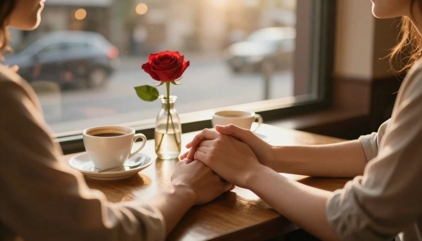 A warm and romantic close-up scene of a couple holding hands...