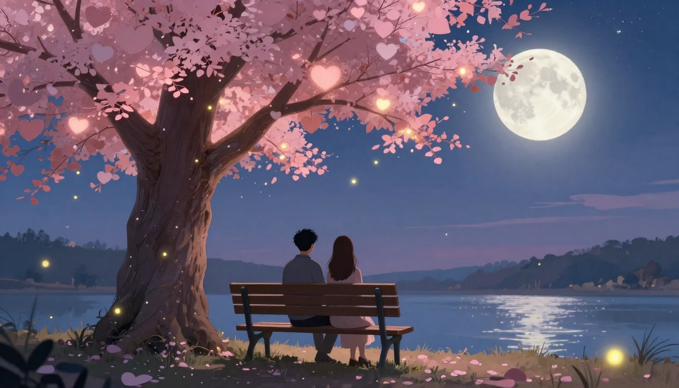 A romantic and magical illustration of a couple sitting on a...