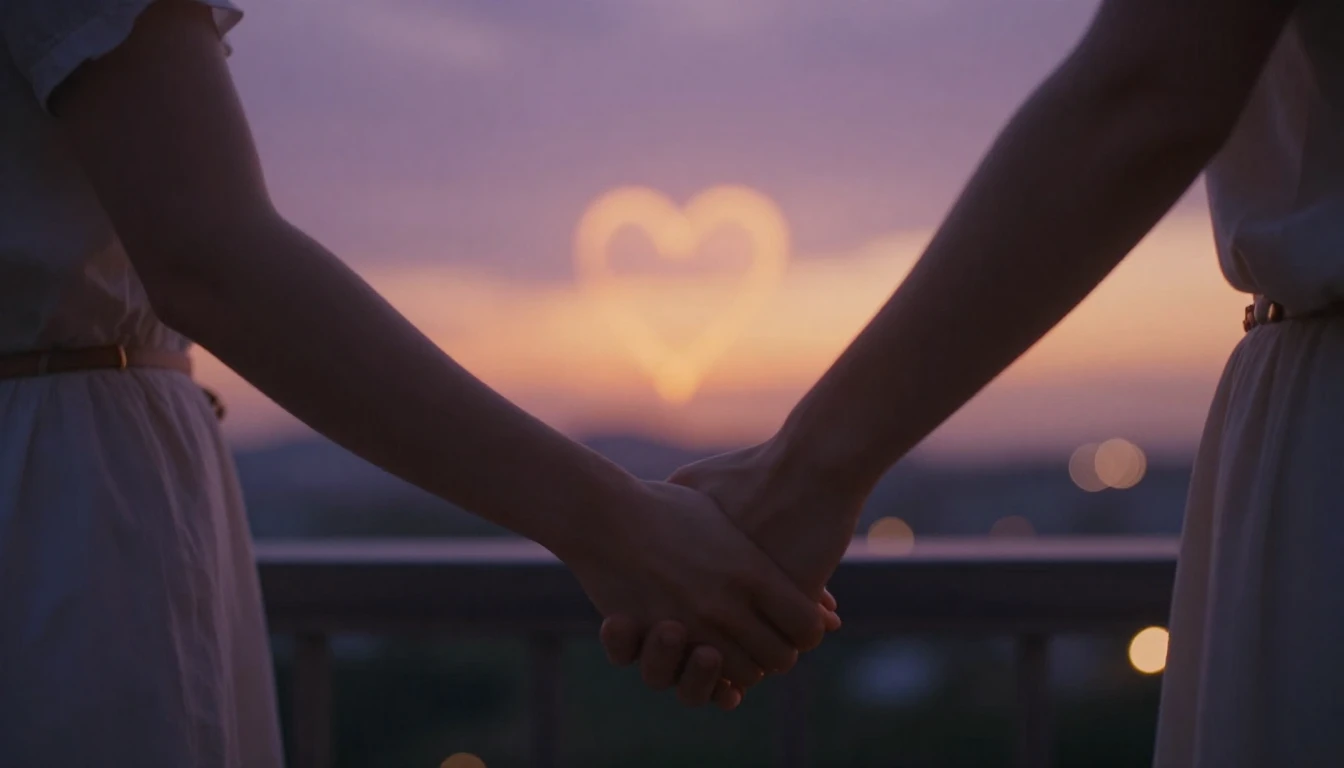 A romantic cinematic close-up shot of a couple holding hands...