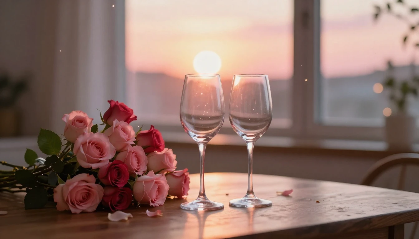 A delicate scene featuring two elegant wine glasses sitting ...