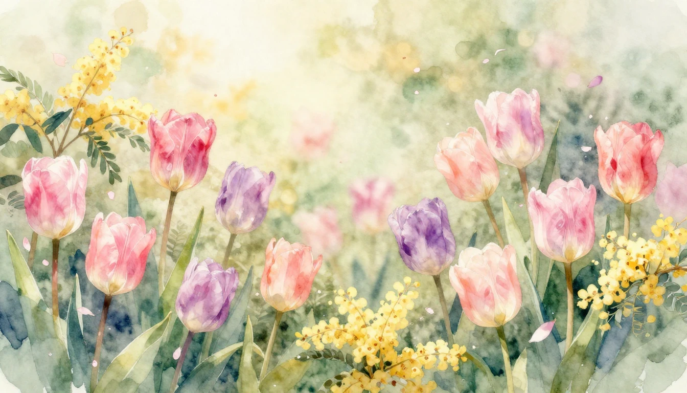 A delicate watercolor painting of a blooming spring garden. ...