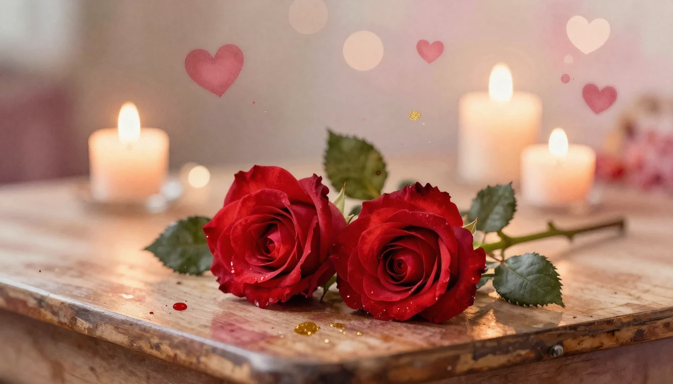 A soft and dreamy watercolor painting of two intertwined red...