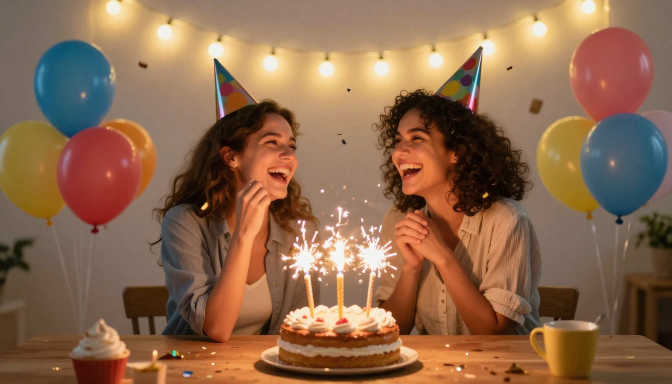 A joyful and vibrant birthday celebration scene. Two close f...