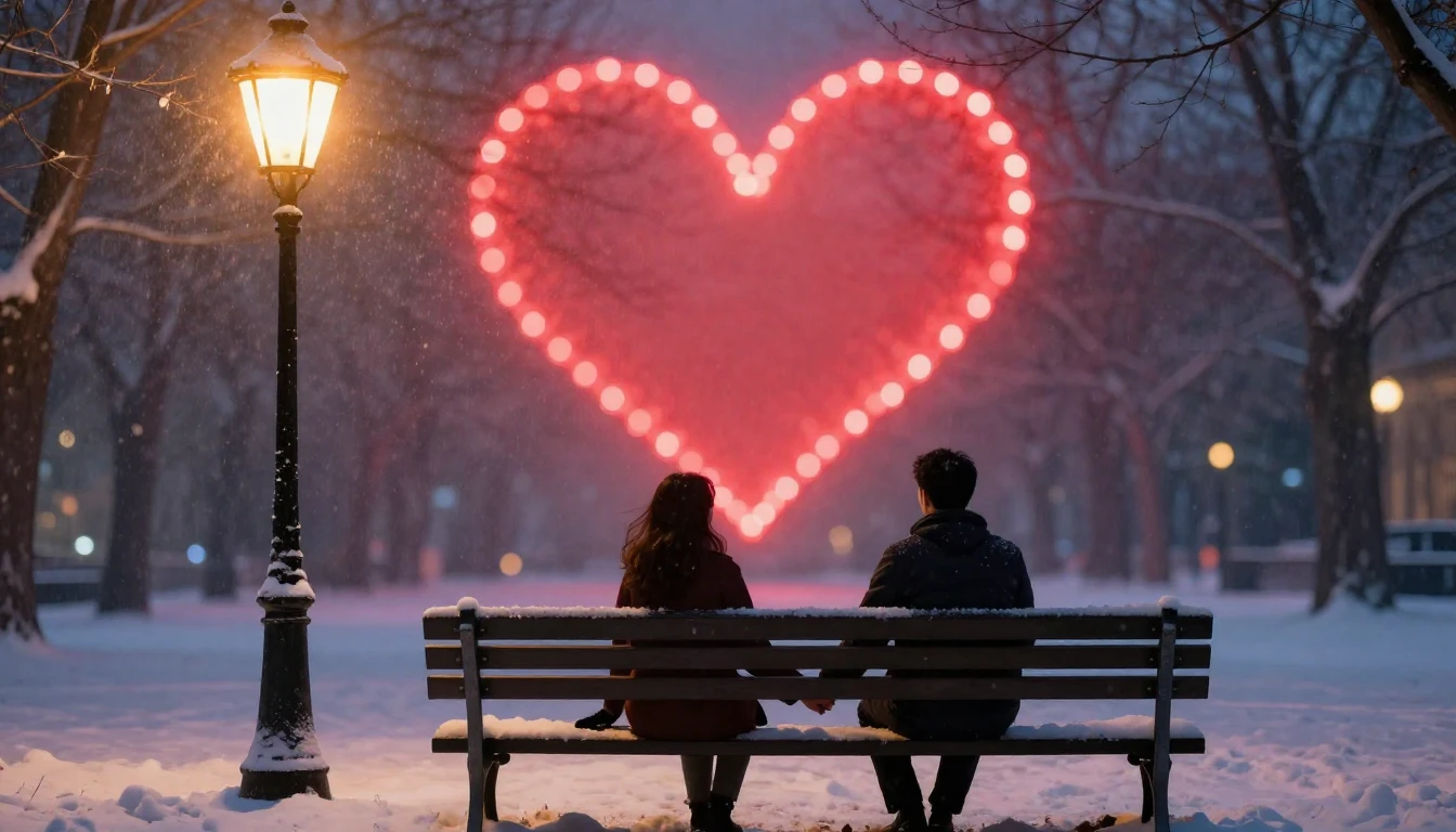 A romantic scene featuring two silhouettes holding hands on ...