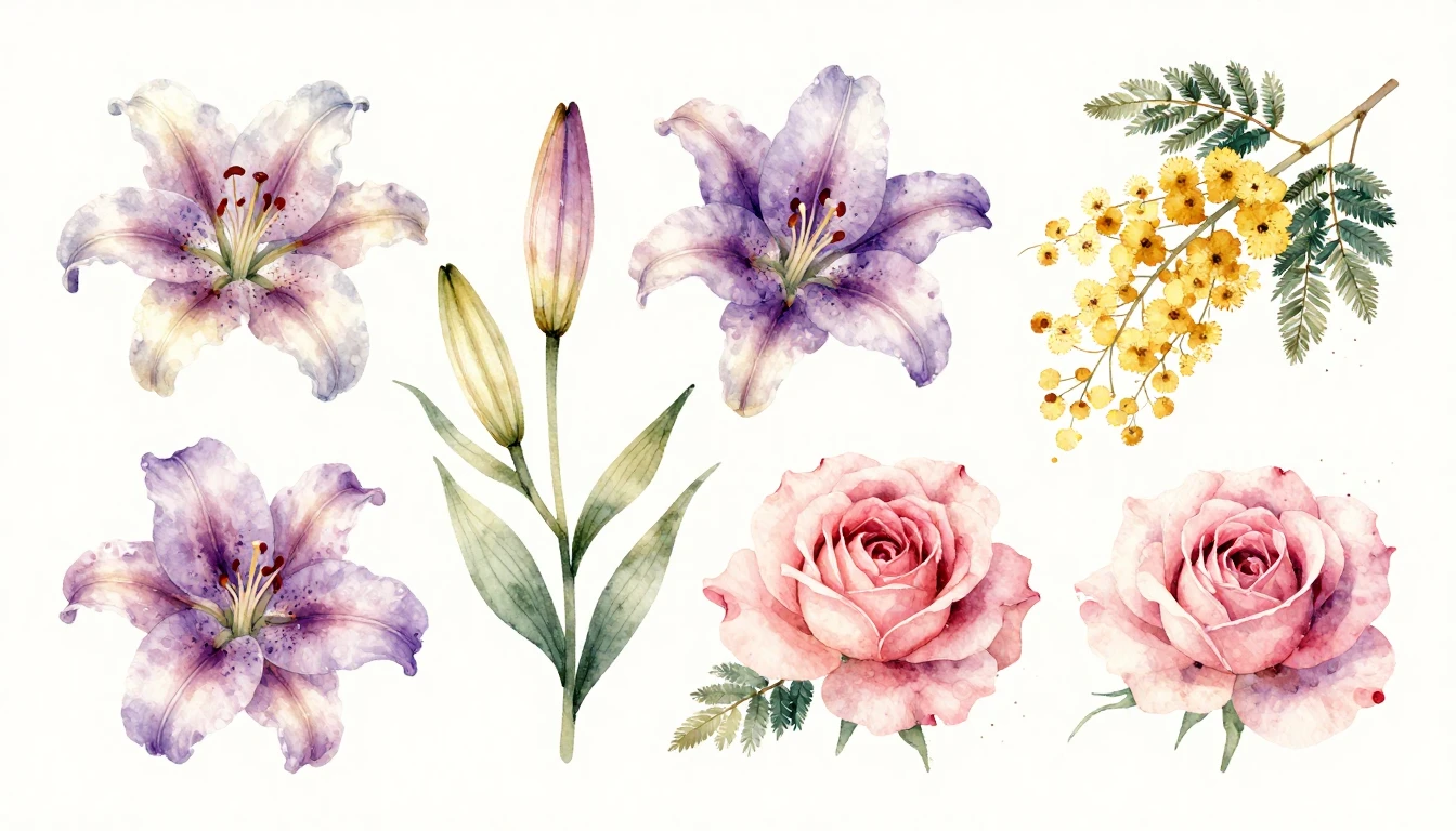 A beautiful watercolor painting of various blooming flowers ...