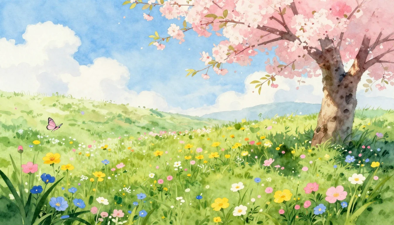 A vibrant watercolor painting of a lush green meadow filled ...
