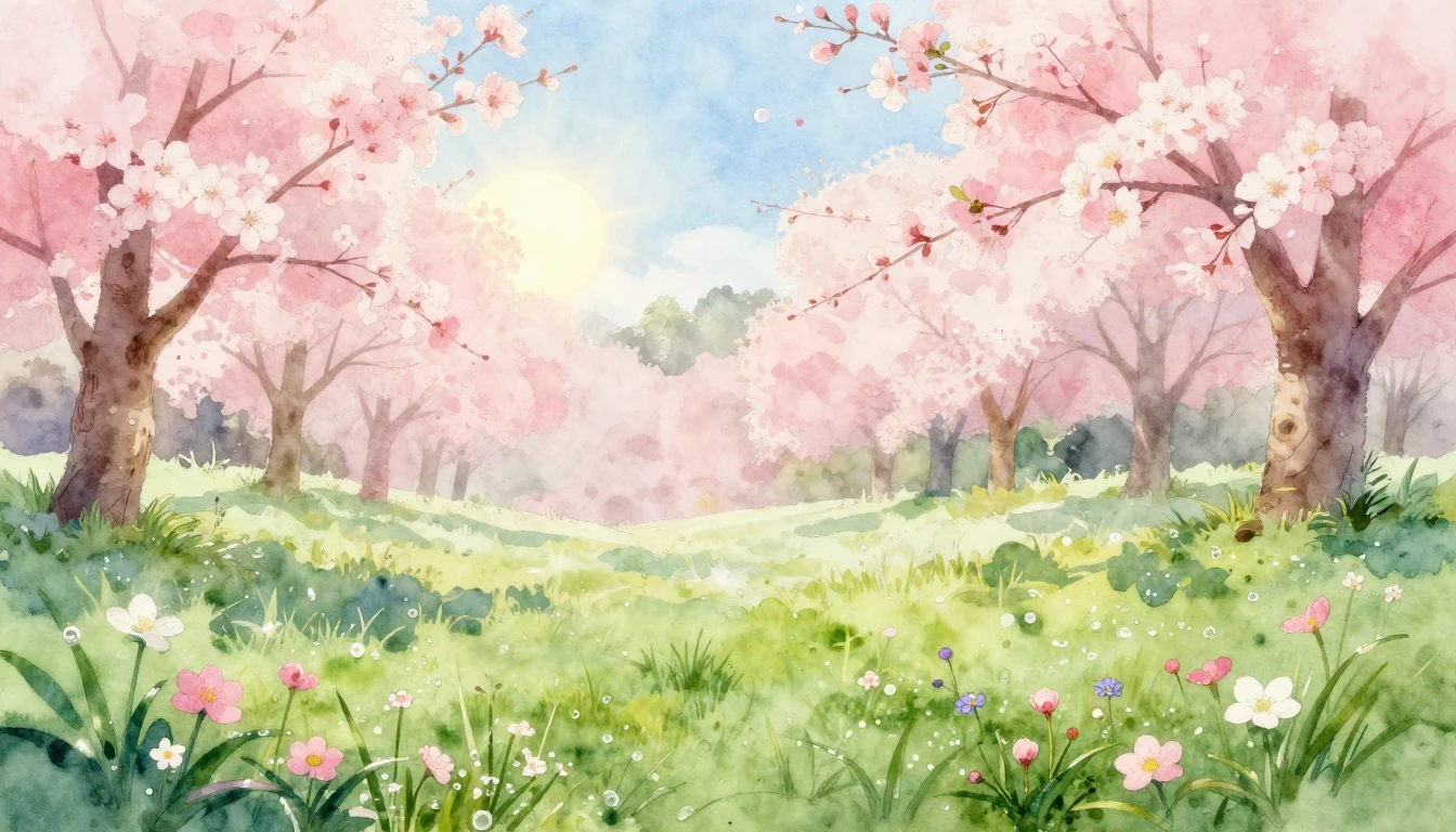 A delicate watercolor painting of a lush spring meadow. Soft...