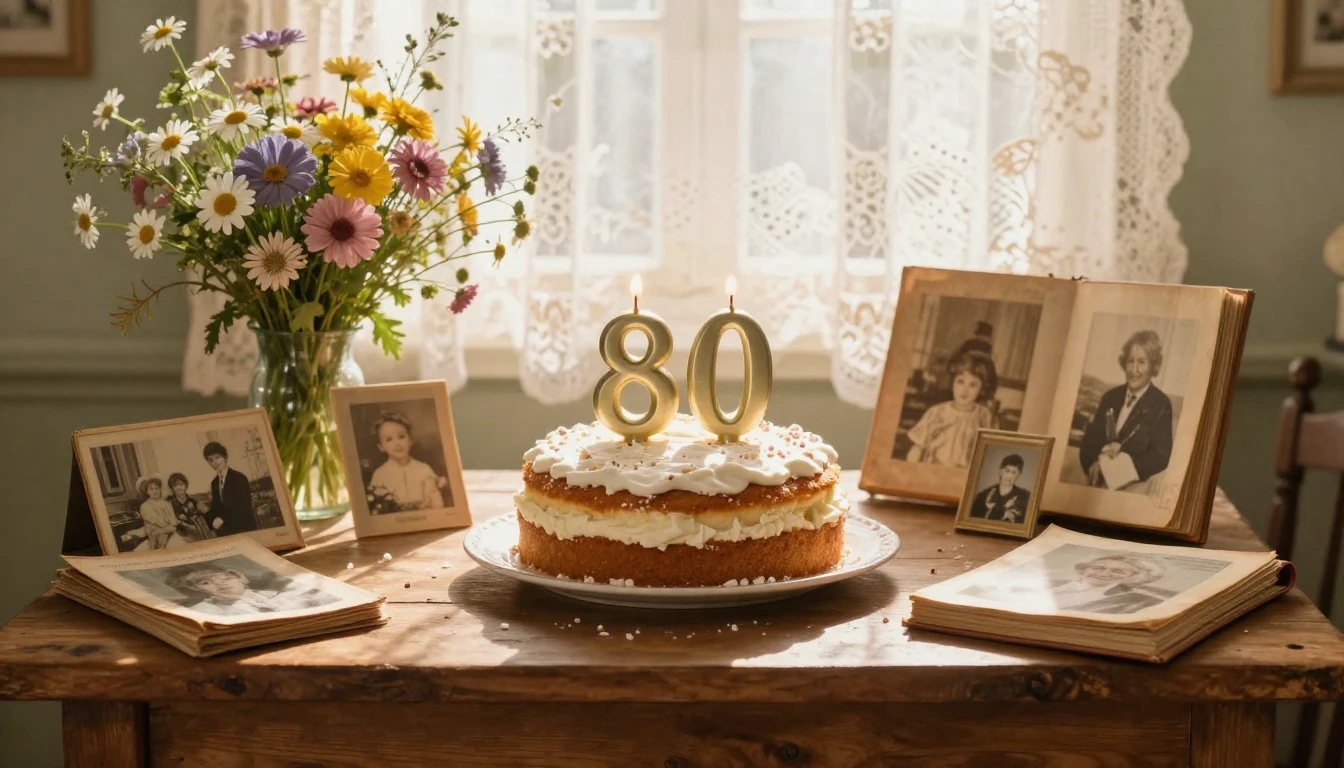 A warm and nostalgic birthday celebration setting for an 80t...