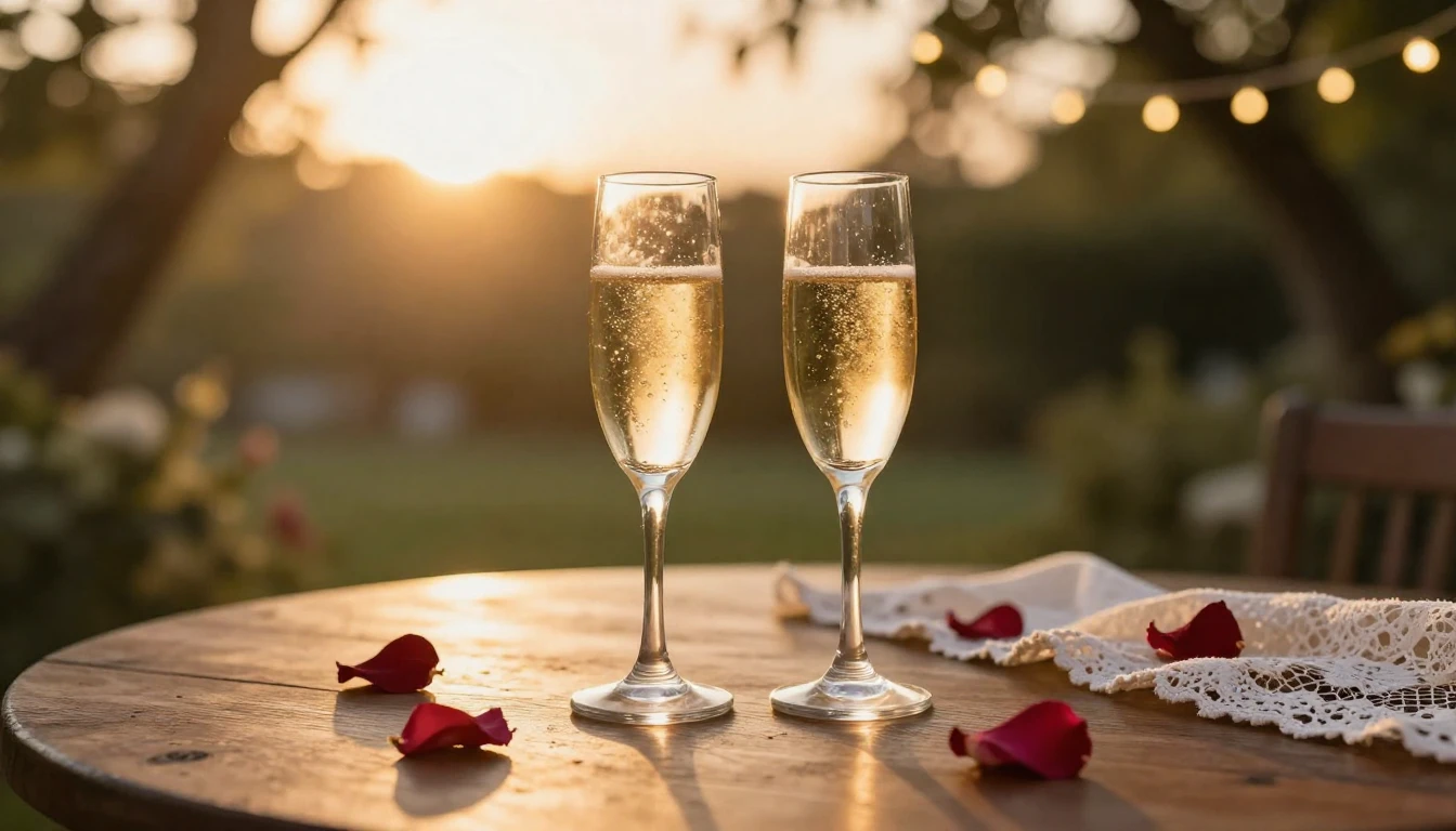 A romantic and elegant scene featuring two champagne glasses...