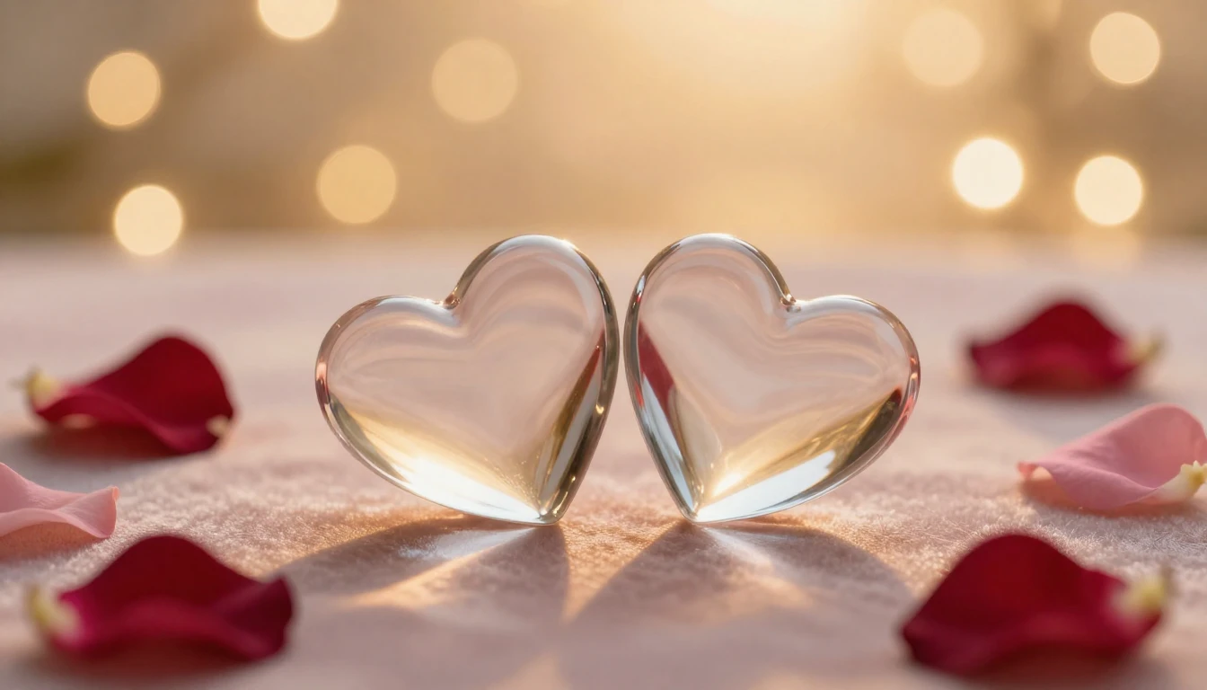 A serene and romantic scene featuring two elegant glass hear...