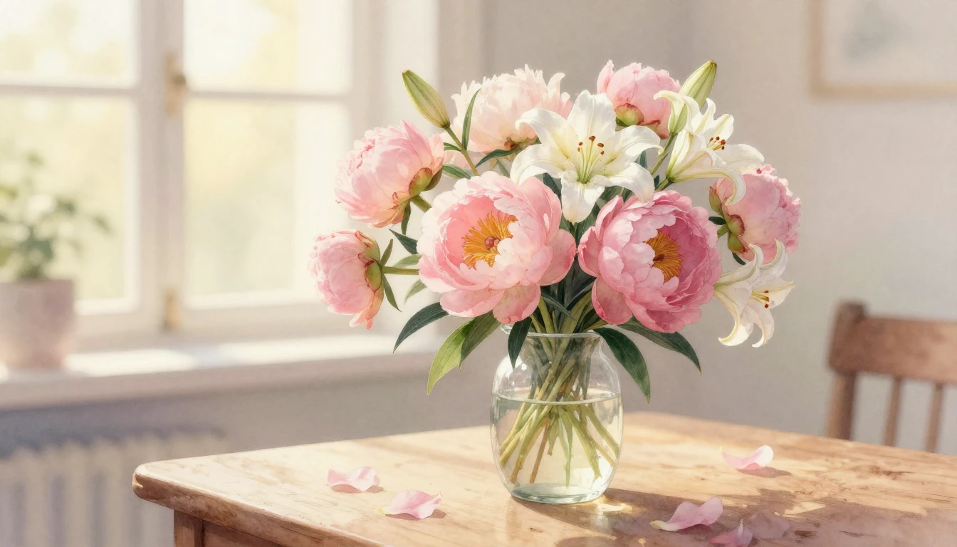 A delicate watercolor painting of a blooming bouquet of pink...
