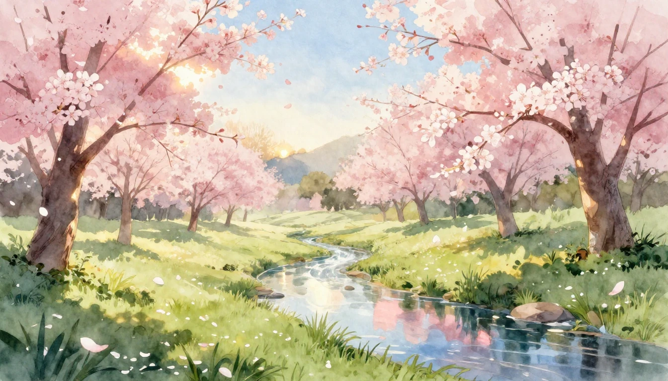 A breathtaking watercolor illustration of a lush spring mead...