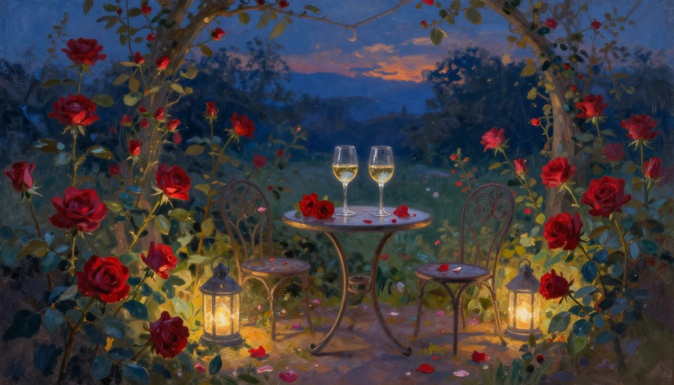 A lush oil painting of a serene garden at twilight. Two eleg...