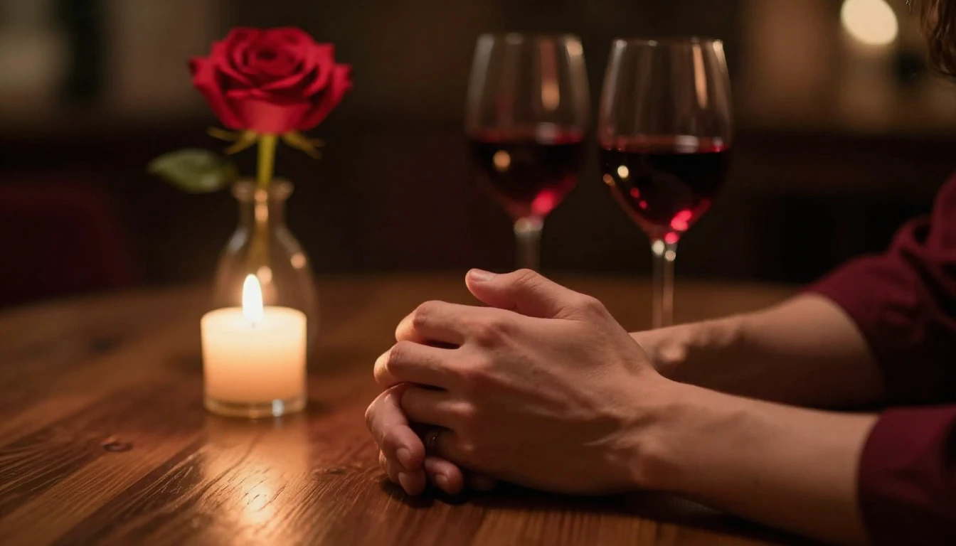 A cinematic close-up shot of two hands gently intertwined re...