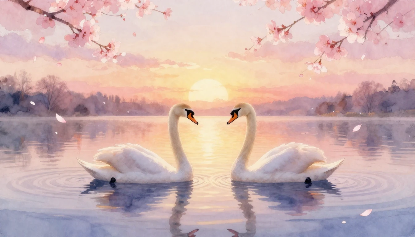 A dreamy watercolor painting of two elegant swans gliding on...