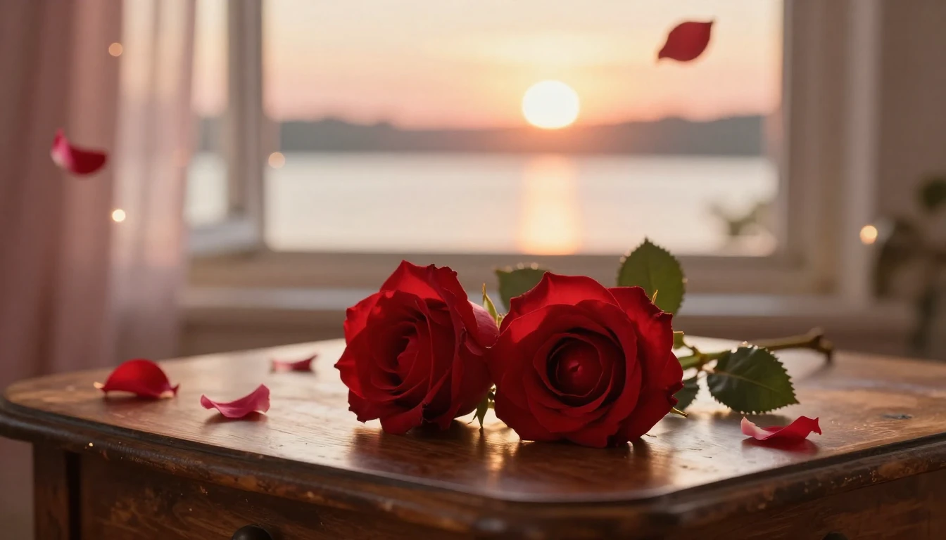 A beautiful and delicate scene featuring two intertwined red...