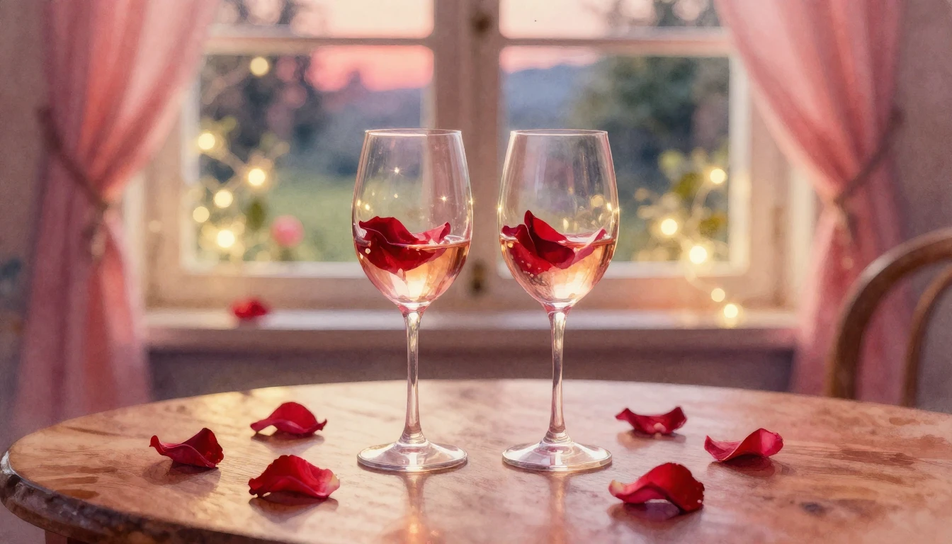 A dreamy and romantic scene featuring two elegant wine glass...