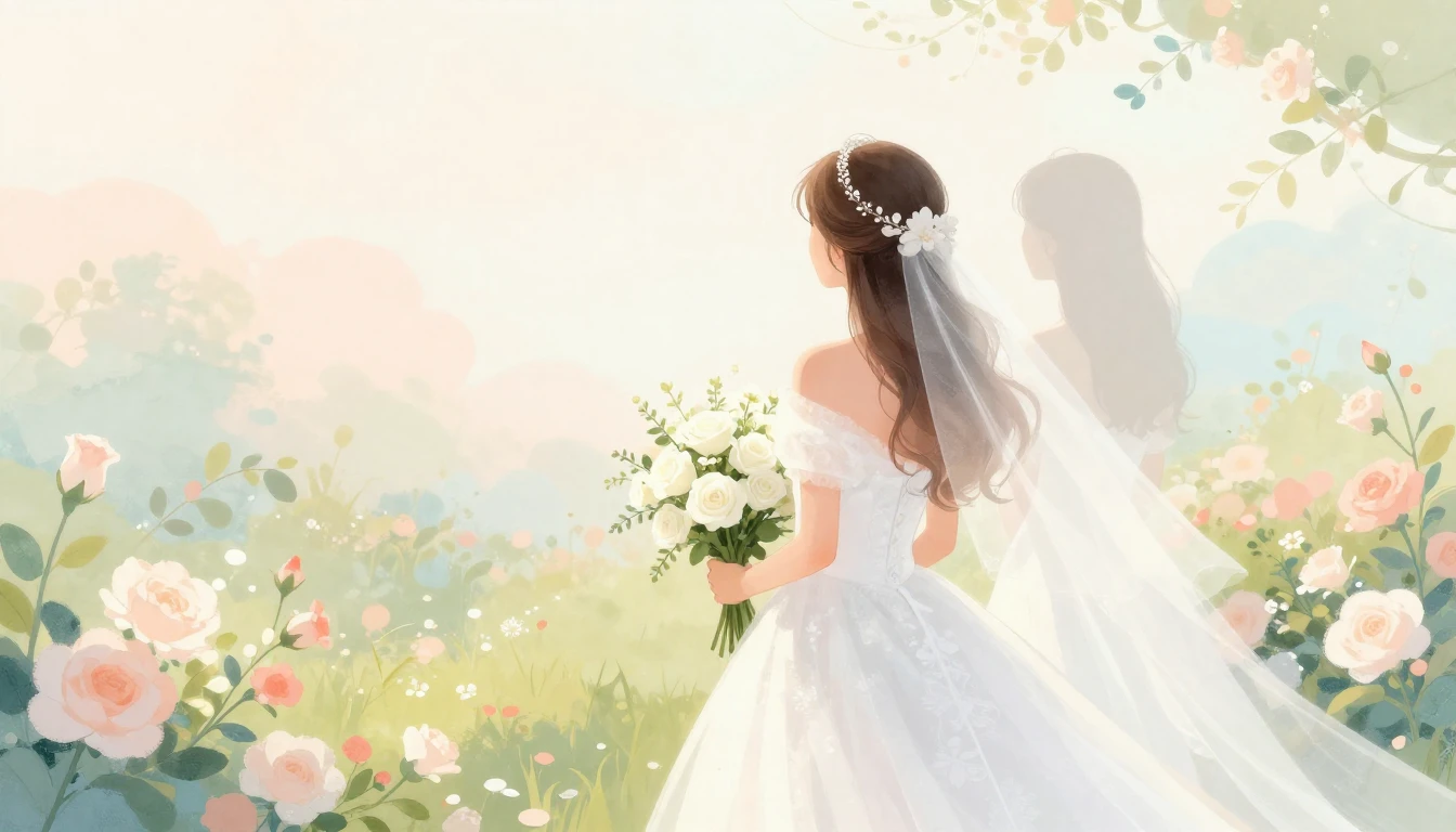 A soft, dreamy illustration of a bride in a white wedding go...