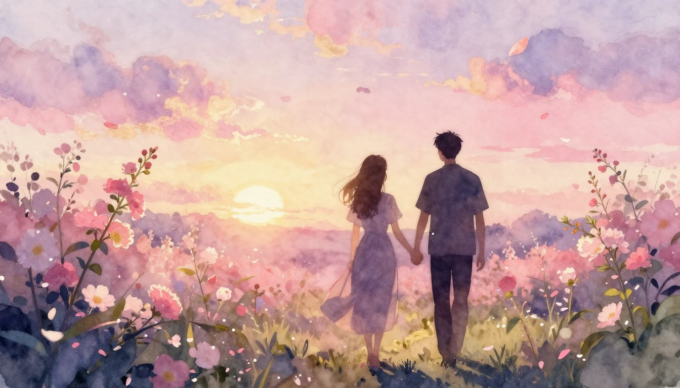 A beautiful watercolor painting of two silhouettes walking h...